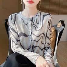 批发丝光25春夏季女短款圆领宽松拼色晕染薄上衣印花针织防晒开衫