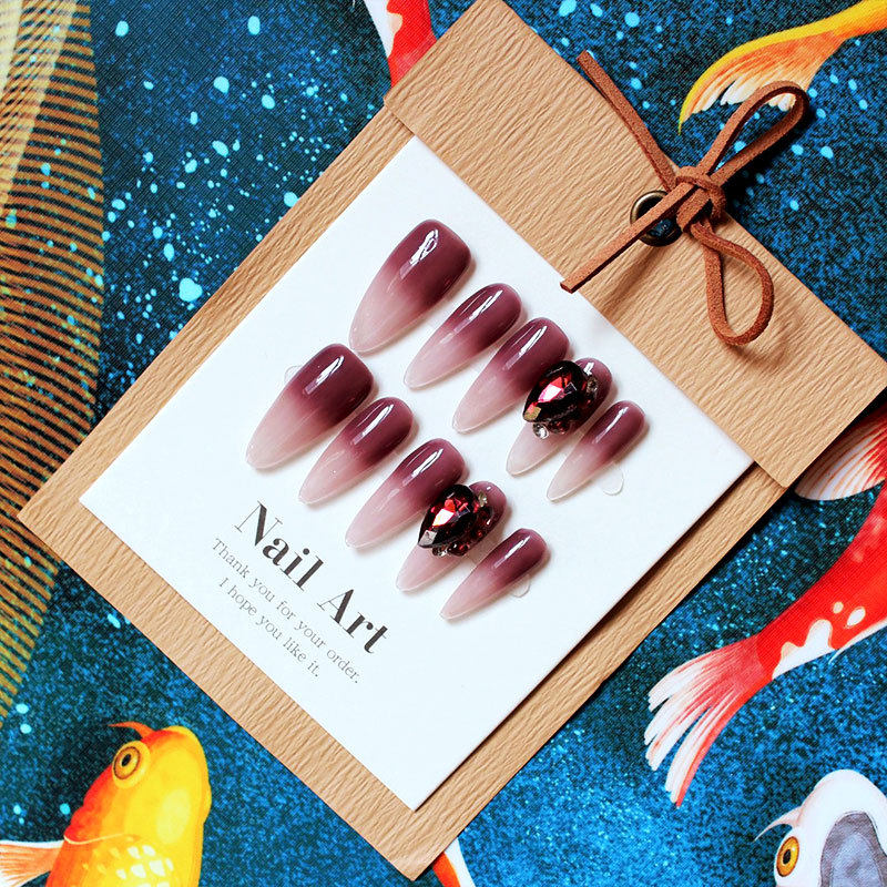 Internet Celebrity Handmade French Entry Lux Gradient Slightly Tipsy Wine Red Ruby Manicure Advanced White Factory Wholesale