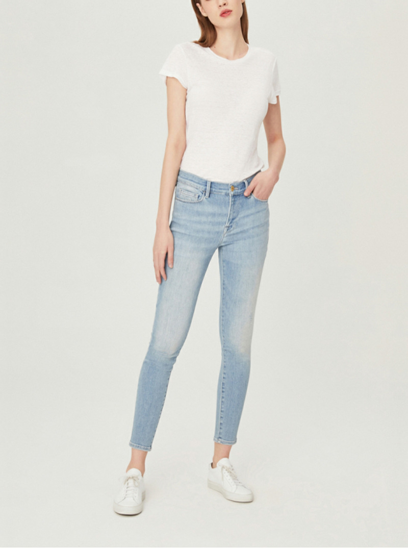 欧美fram杨幂同款浅蓝中腰显瘦 中弹修身九分牛仔裤女超柔纱无感