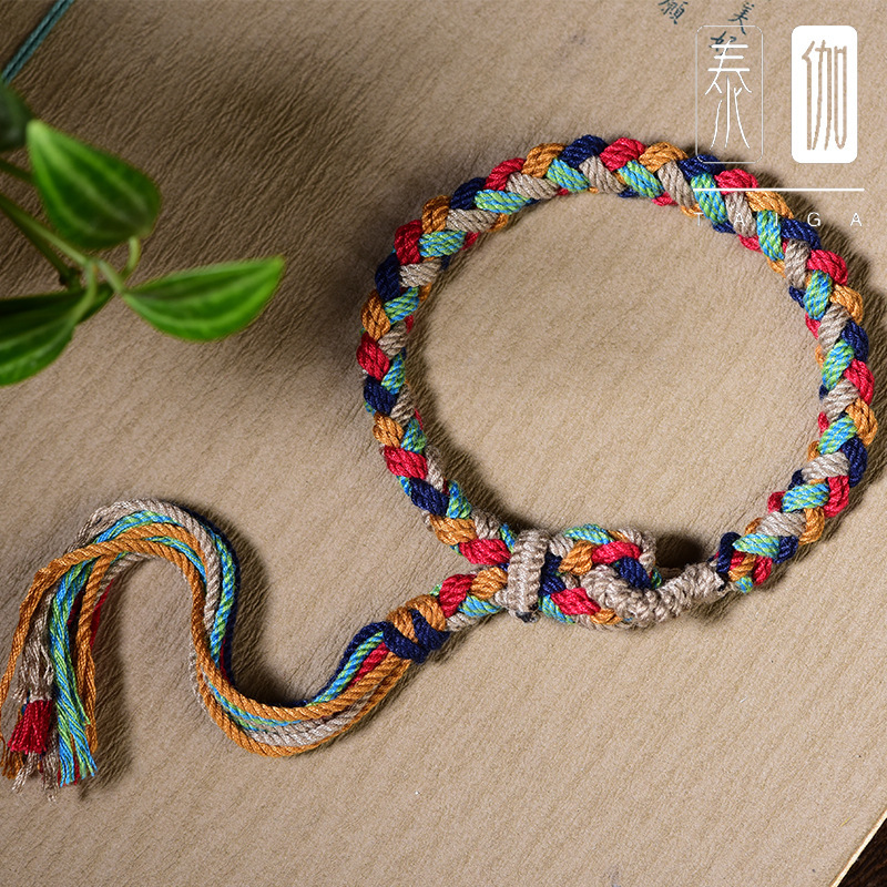 全手工编织藏式五彩手绳文玩手链手搓棉绳编绳民族风寓意流苏