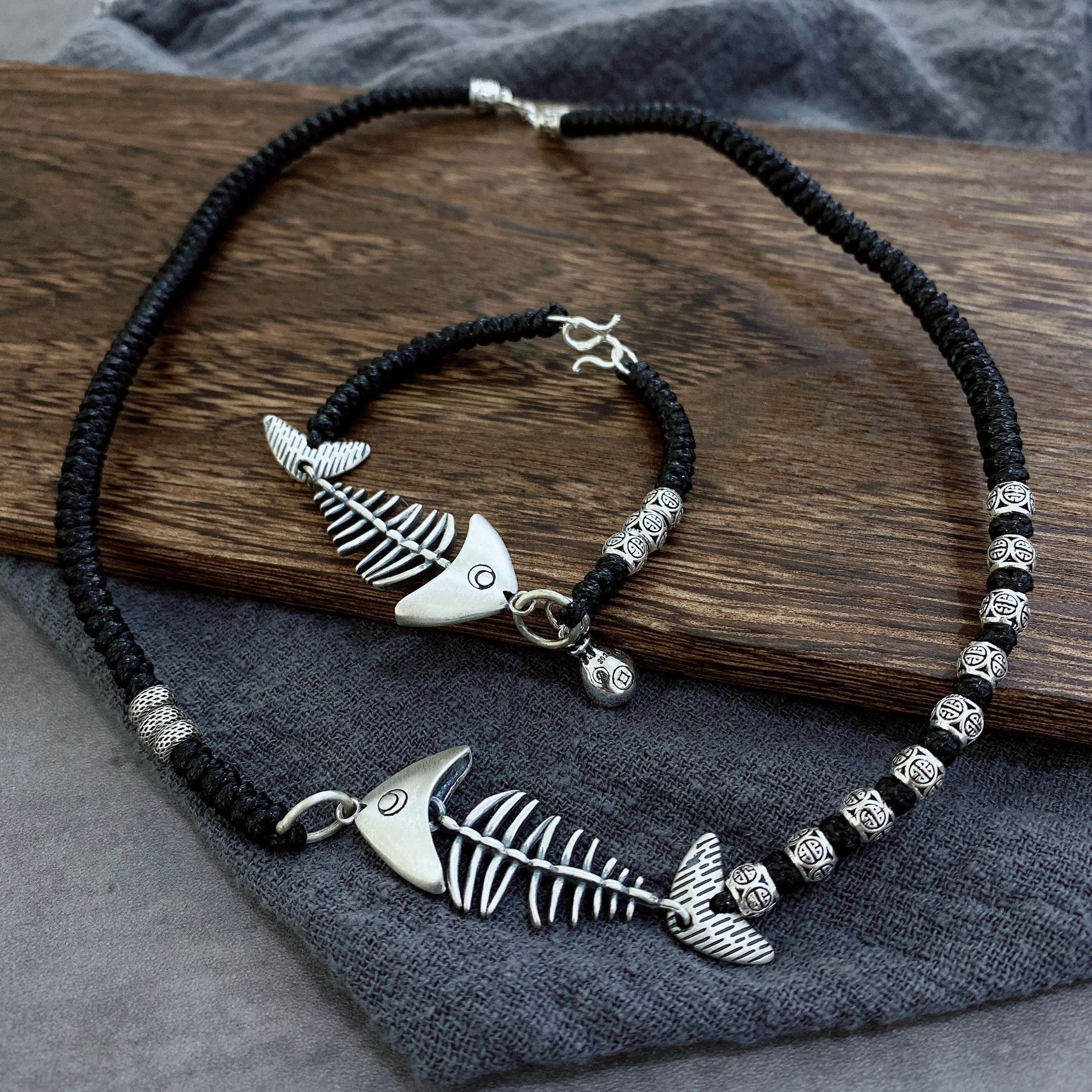 琪隆 925纯银原创手工编绳设计鱼骨项链复古潮牌个性银饰手链手串