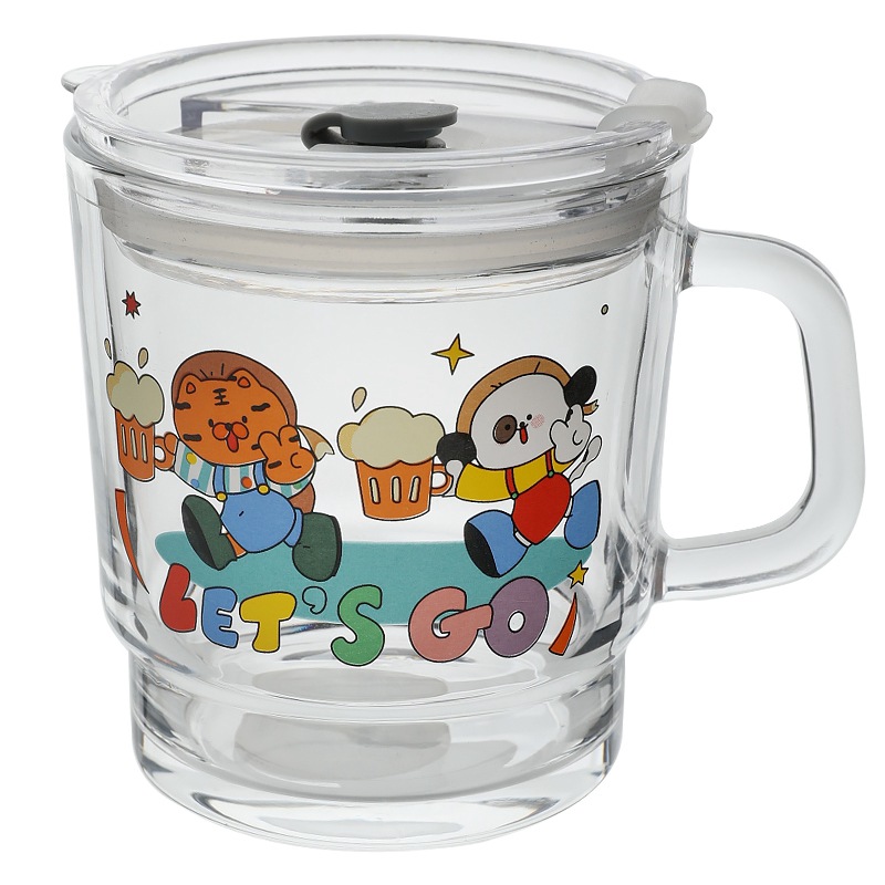 Thermal Transfer Designer Model Cartoon Pattern Glass Cup Wholesale Student Water Cup with Lid Drinking Cup