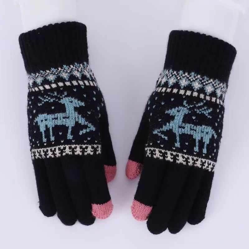 Factory Wholesale Thickened Fleece-Lined Men's and Women's Winter Warm Touch Screen Riding Cold-Proof Anti-Freezing Deer Knitted Knitting Wool Gloves