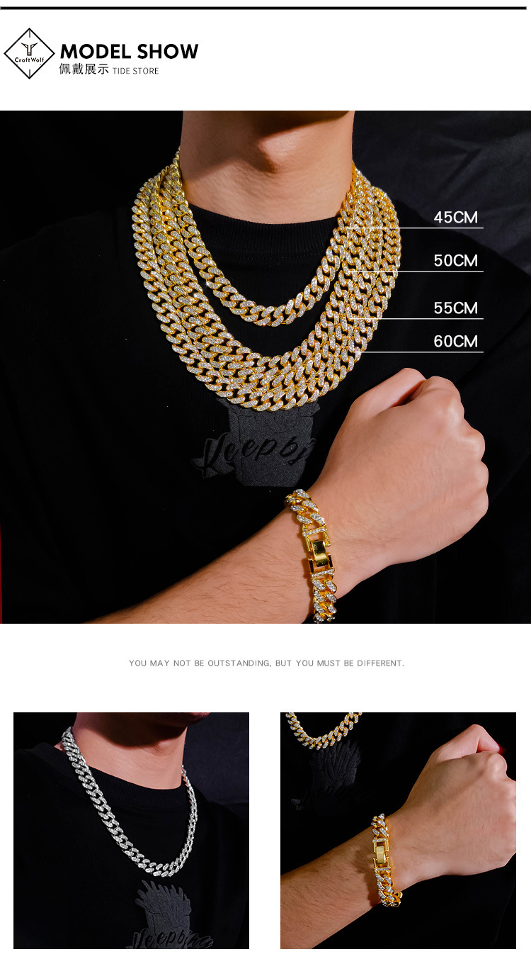 跨境新品欧美项链合金镶钻古巴项链带钻 嘻哈古巴链项链 古巴手链