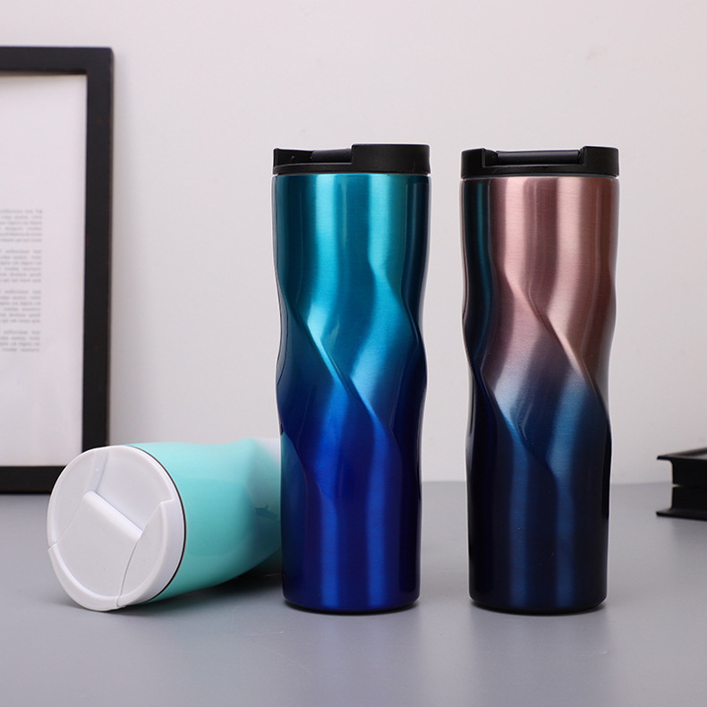 Cross-Border Hot Printed Logo Special-Shaped Vacuum Cup Coffee Cup Vacuum Double Wall Water Bottle Water Bottle Color Gradient Radient Thermos Cup