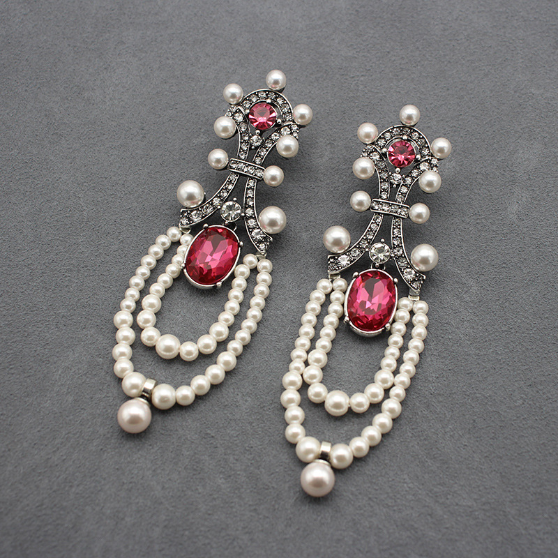 中古vintage饰品长款红宝石耳钉复古珍珠流苏耳坠扫肩首饰-阿里巴巴