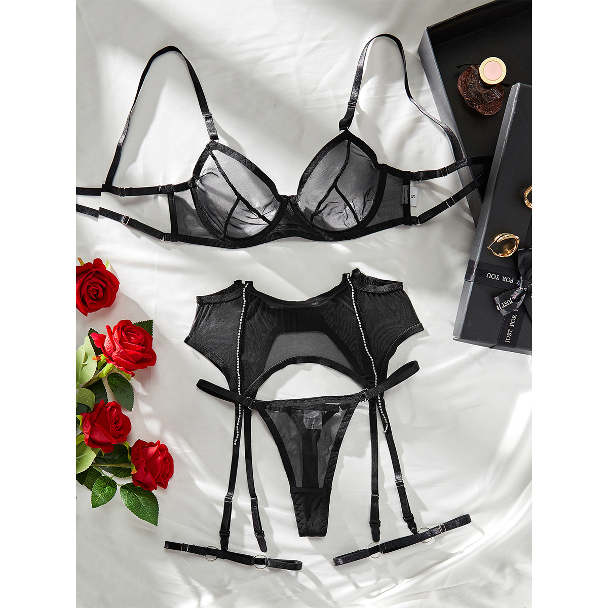 欧美跨境热销2024亚马逊时尚新品钻饰性感透视网纱情趣内衣套装女