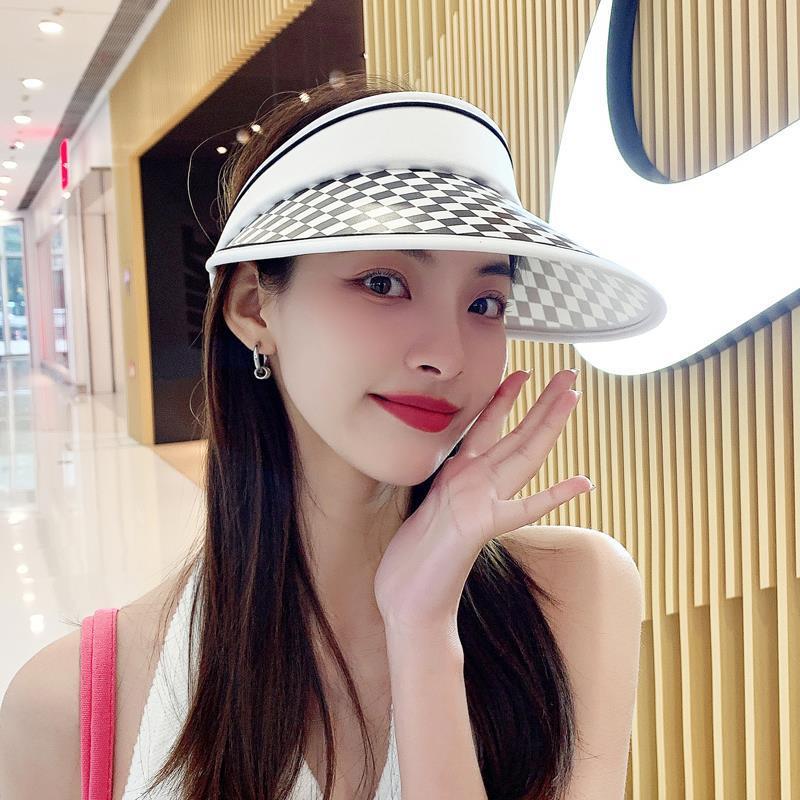 晚晚同款新款遮阳帽女夏季防紫外线空顶帽子棋盘格户外太阳帽薄