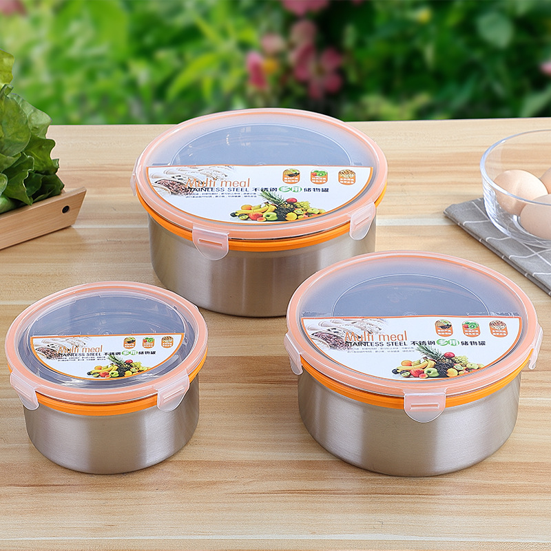 304不锈钢保鲜盒多用圆形三件套装汤盒泡面碗带盖密封饭盒