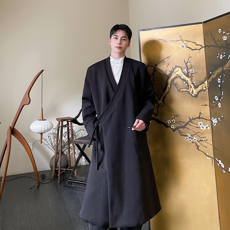 中国风潮禅意斜襟绑带v领毛呢外套男过膝长款大衣改良道袍和尚服