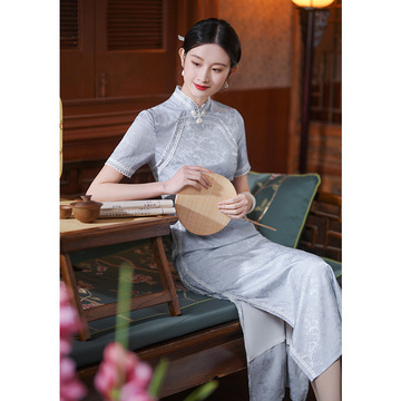 蓝色人丝提花旗袍2024春夏复古民国风高级感年轻款少女长款连衣裙