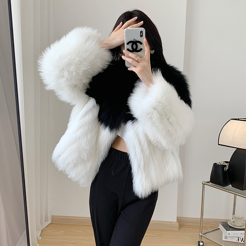 2022秋冬新款狐狸毛车条皮草外套女短款 韩版休闲显瘦撞色年轻款