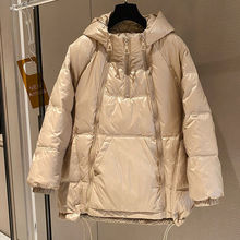 棉服女2023年冬季新款韩版白鸭绒连帽双拉链中长款加厚外套女
