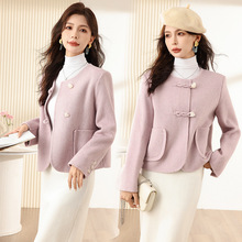 2023秋冬季新款韩系紫色双面羊绒大衣女短款小个子赫本毛呢子外套