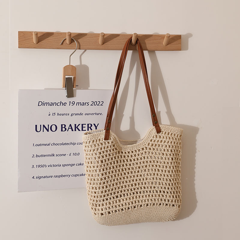 Casual Hollow Shoulder Cotton Thread Woven Bag Small Size Idle Style Portable Straw-Weaved Bag Seaside Vacation Beach Bag Women's Bag