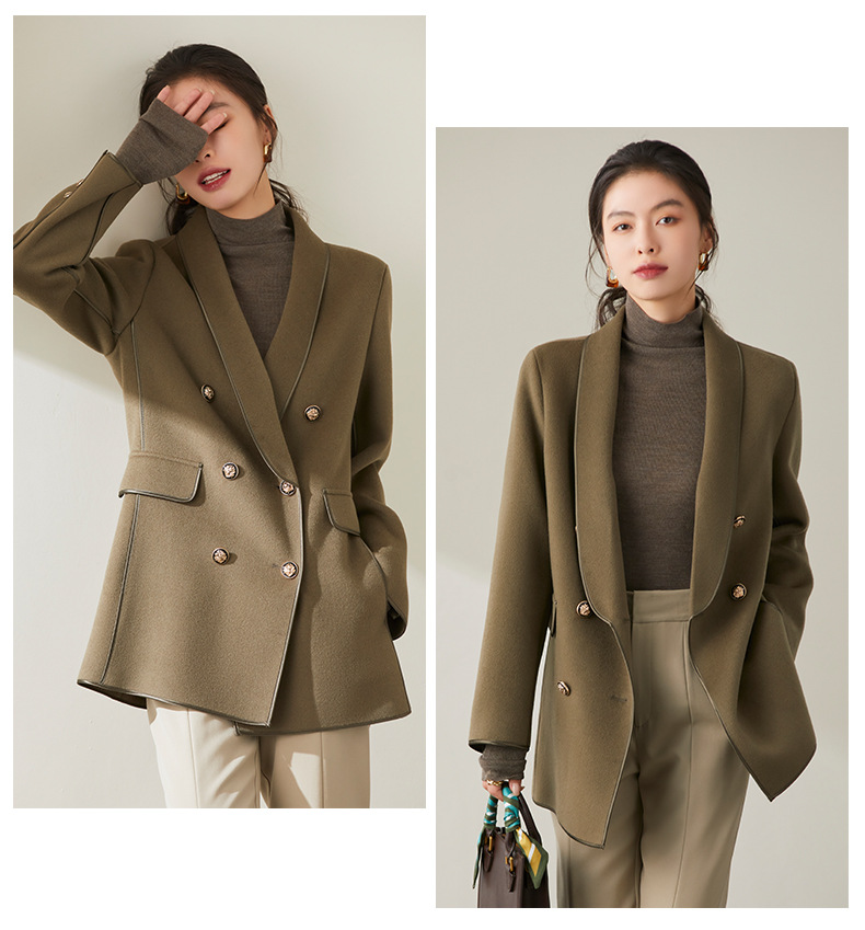 极简青果领双面羊绒大衣女手工羊毛外套新品秋冬季中长款毛呢大衣