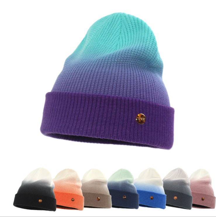 Gradient Color Texture Small Icon Knitted Hat 2021 Autumn and Winter New Dome Ins Warm Woolen Hat Sleeve Cap