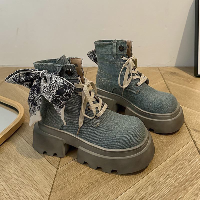 欧洲站夏季马丁靴女短靴2024新款厚底英伦风复古牛仔布烟筒靴女鞋