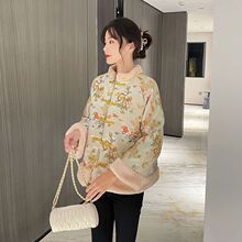 中国风唐装外套女秋冬新款汉服绸缎大码棉服盘扣绣花立领拼接