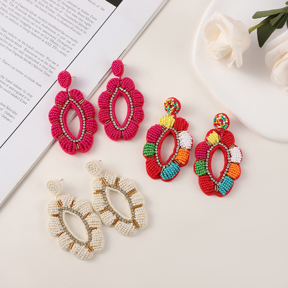 跨境新款耳环波西米亚风手工编织喜庆红耳钉彩色米珠花朵耳坠批发