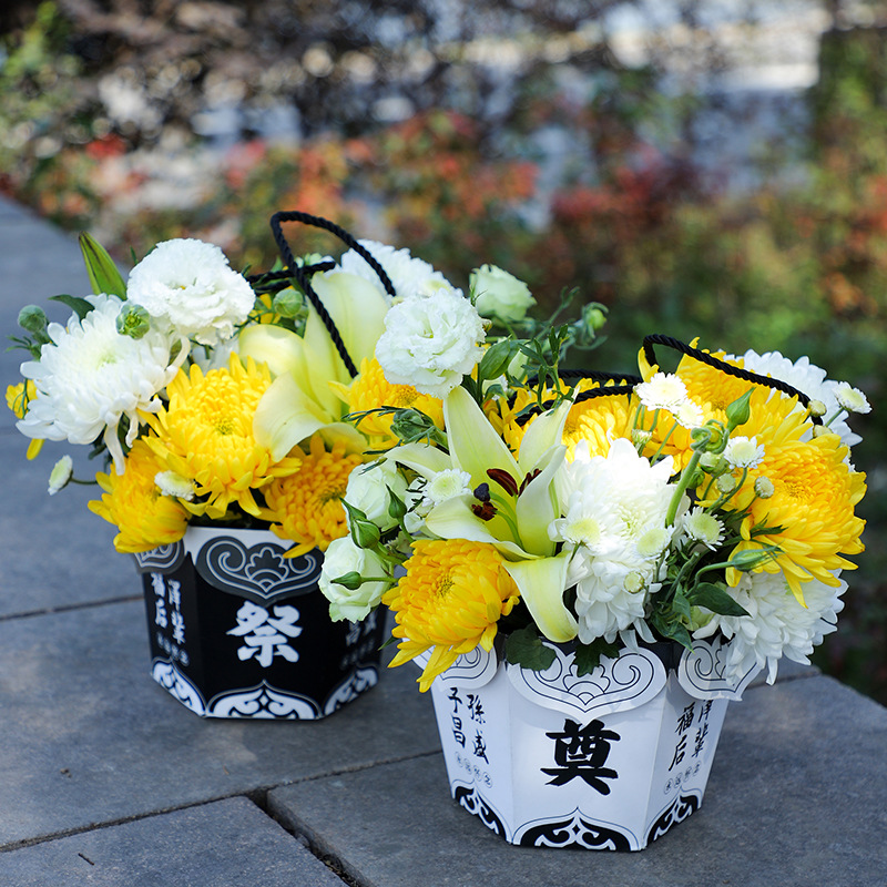 清明节专用祭祀手提盒上坟菊花插花扫墓手提花篮鲜花花束包装纸质