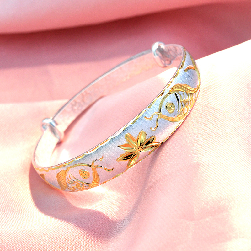 银手镯女999足银镀彩金色镯子气质锦鲤彩银手饰送妈妈母亲节礼物