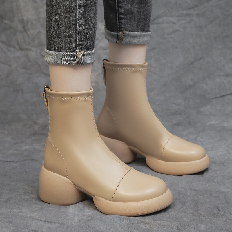 2024年冬季新款中跟厚底皮靴马丁靴女靴短靴短筒英伦后拉链女鞋子