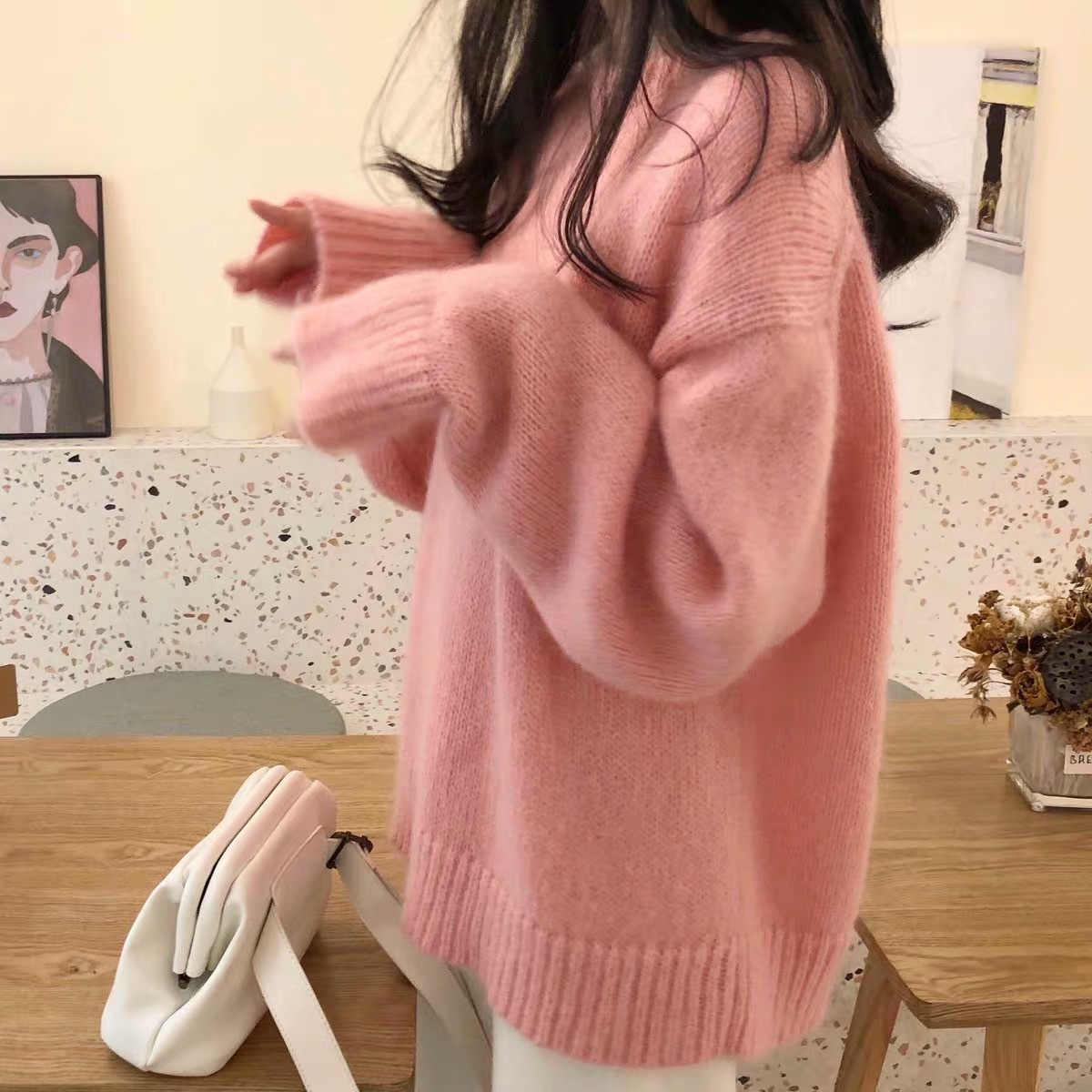 粉色清新甜美毛衣女秋冬季2021年新款宽松长袖套头衫针织上衣外穿
