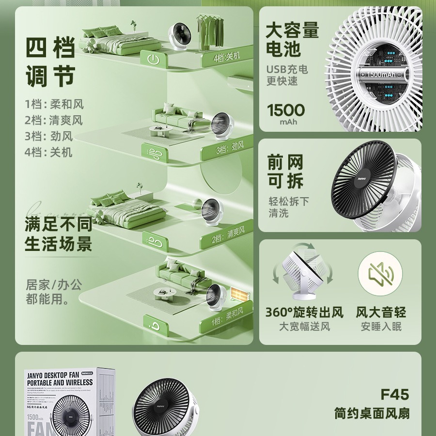 remax睿量 简约桌面四挡360度旋转风扇办公居家静音大风力电扇f45