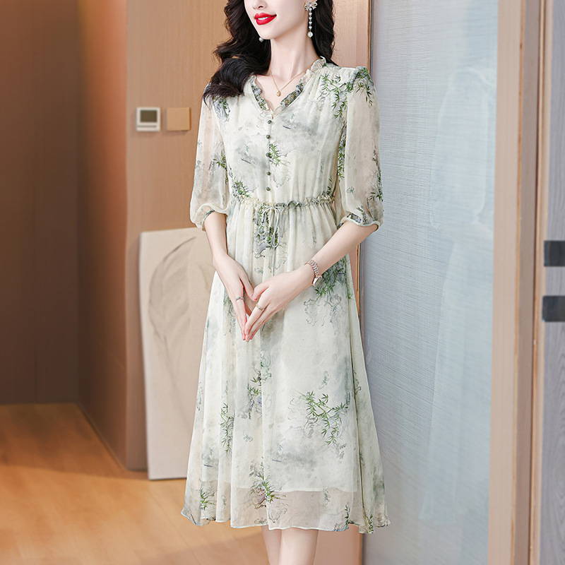水墨竹子印花桑蚕丝长裙女2024夏装新款v领大裙摆显瘦真丝连衣裙