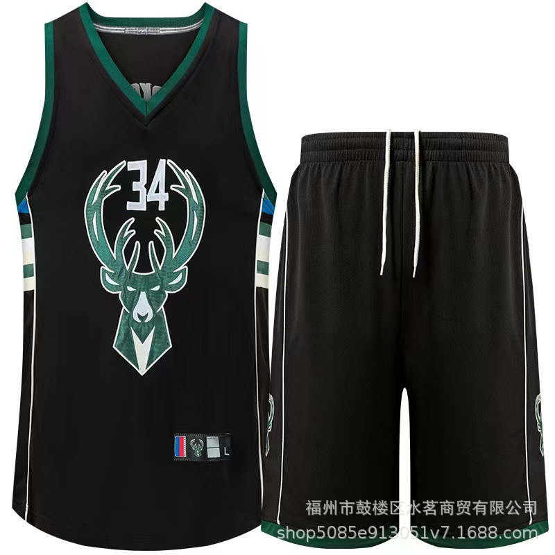 雄鹿队字母哥套装刺绣球衣球裤antetokounmpo#34黑白绿色城市版
