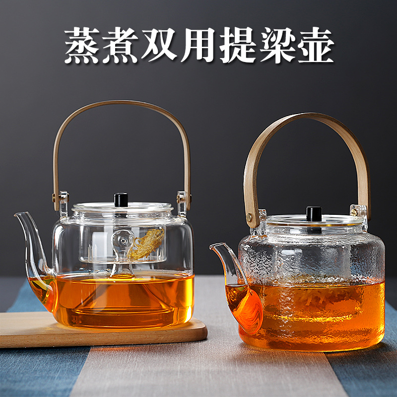 Factory Wholesale Flat Bamboo Handle Glass Loop-Handled Teapot Hammered Large Capacity Glass Teapot Cooking Double Liner Teapot