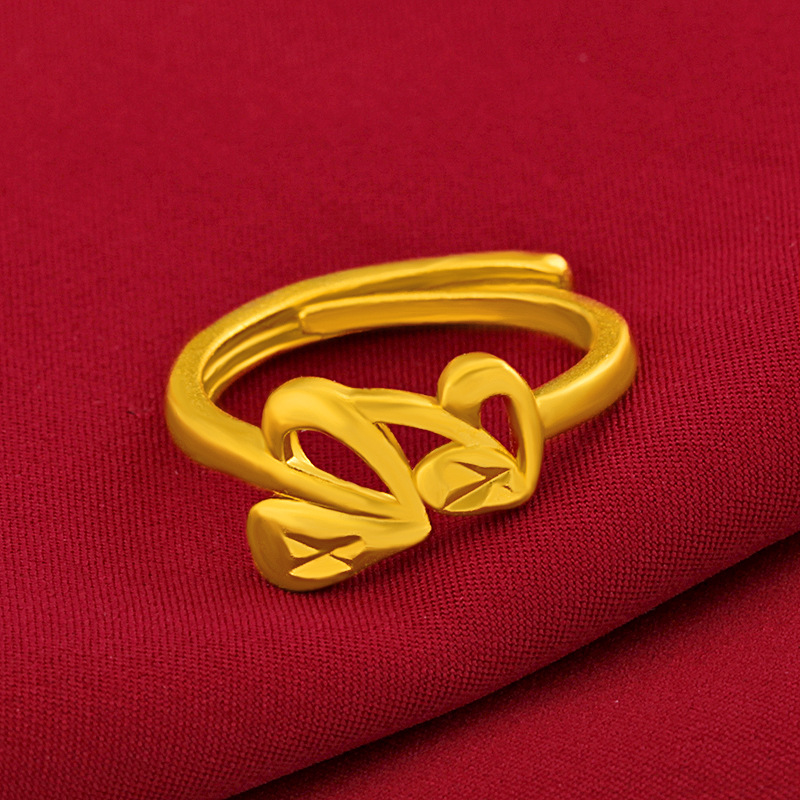 越南沙金双心戒指 心连心女戒简约开口可调节真空镀厚金饰品批发