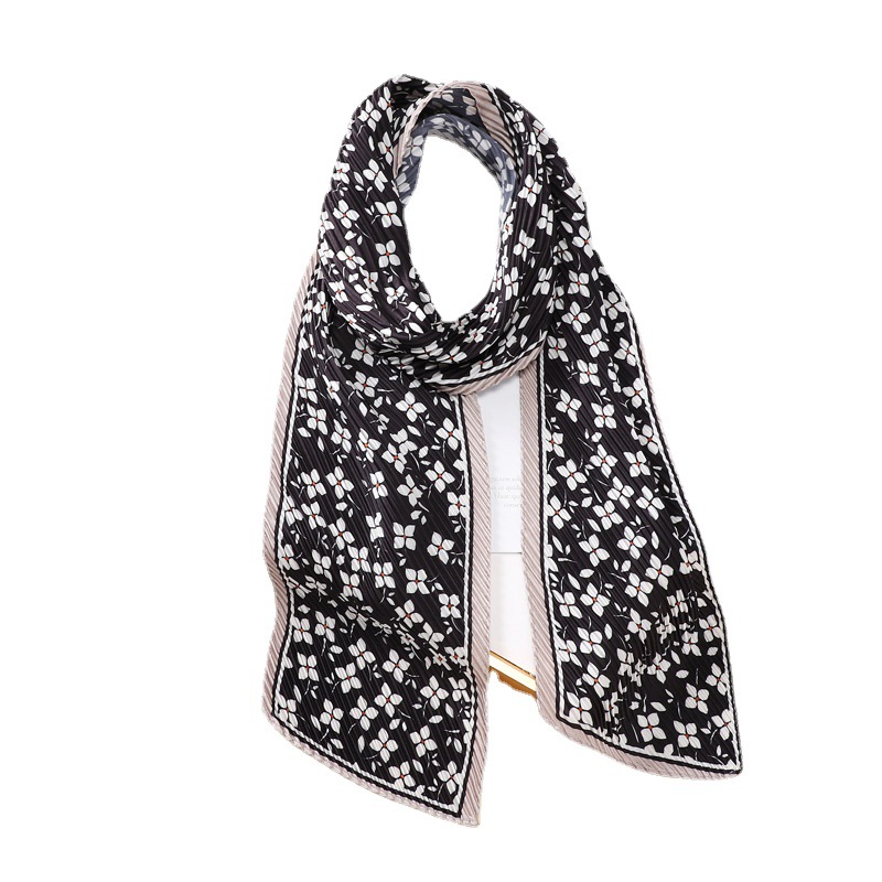 Spring 2022 Korean Style Crepe Ribbon Artificial Silk Scarf Floral Small Bevel Scarf Female Hair Band Arm Bag Scarf