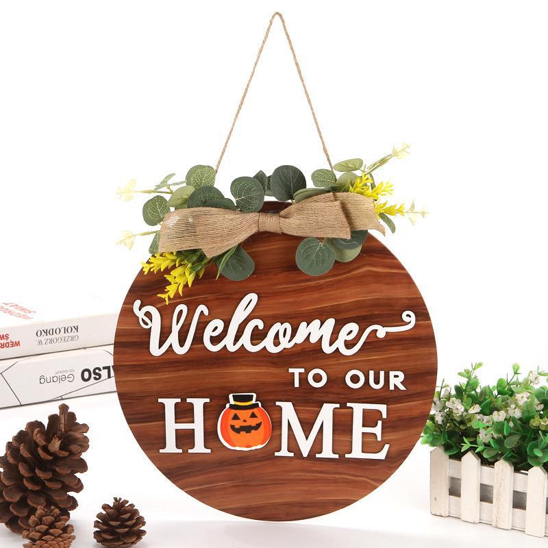 新品仿真花木质门饰挂牌家居挂板墙壁挂饰节日门牌装饰品欢迎回家