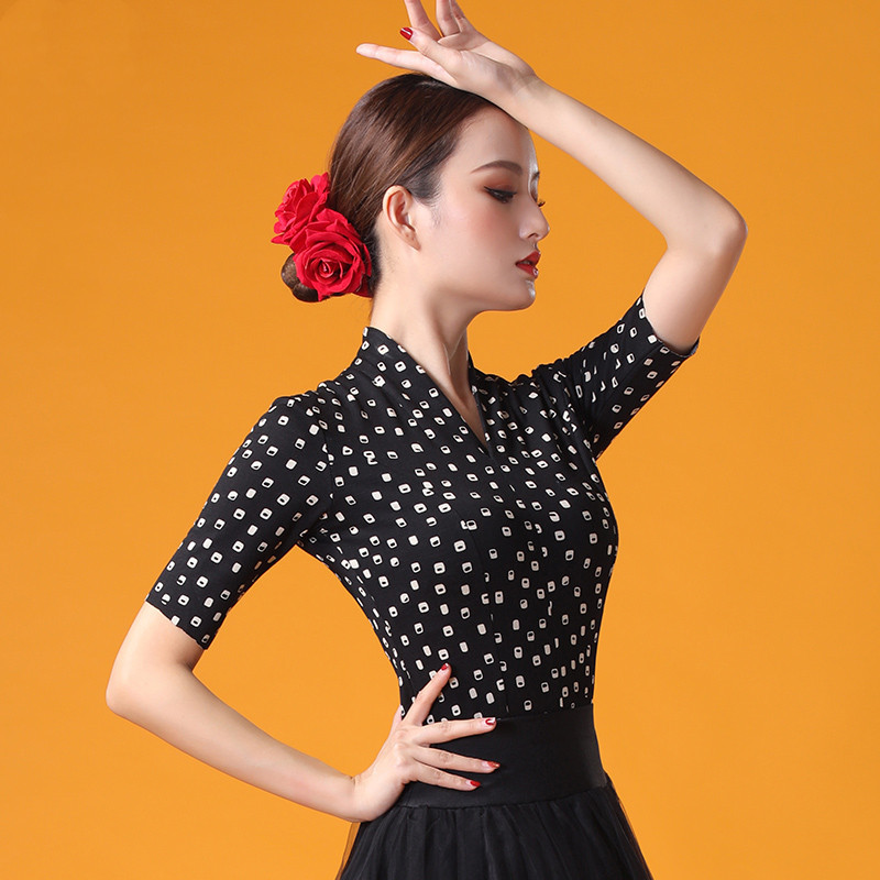国标舞上衣女新款舞衣拉丁舞衣服中袖摩登舞练功服专业舞蹈服装秋