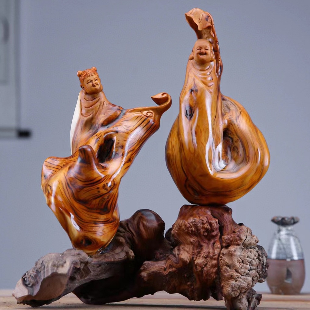 太行崖柏木雕工艺品弥勒佛根雕人物家居玄关客厅天然花架装饰摆件