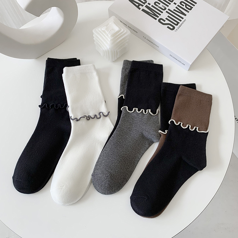 Autumn and Winter Wooden Ear Socks for Women Types a and B Asymmetric Color Matching Japanese Pure Cotton Fashion Personalized Design Tube Socks