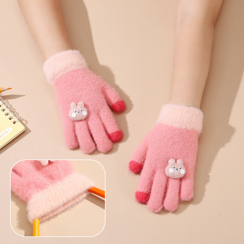 Winter Fleece-Lined Children's Warm Gloves Thickened Five-Finger Baby Cold-Proof Wool Cute Gloves Girls' Thickened Gloves