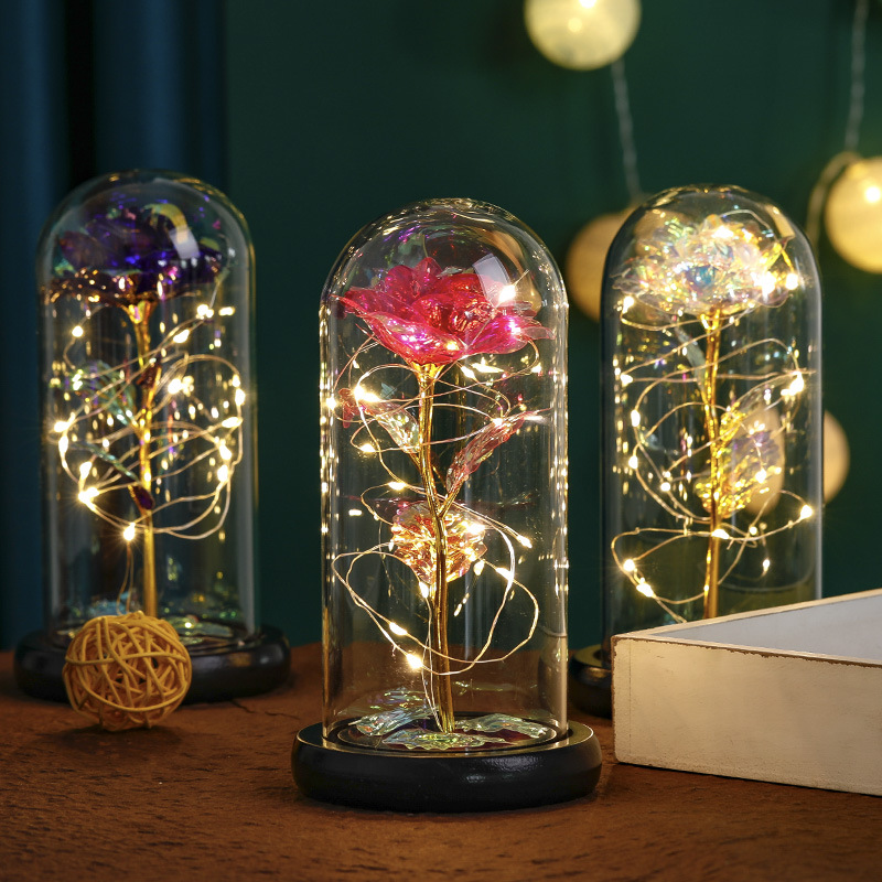 Glass Cover Simulation Preserved Fresh Flower Decoration Customized Wholesale Eternal Rose Valentine's Day Gift Colored Lights Gold Foil Flower