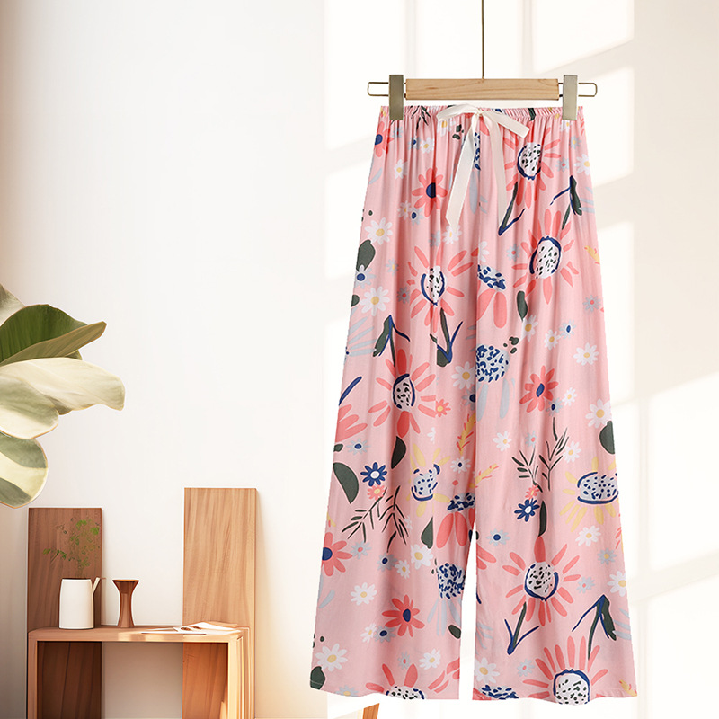 Cotton Silk Pajama Pants Casual Summer Women's Breathable Thin Wide-Leg Pants Loose Home Can Be Worn outside Cropped Culottes Air Conditioning Pants