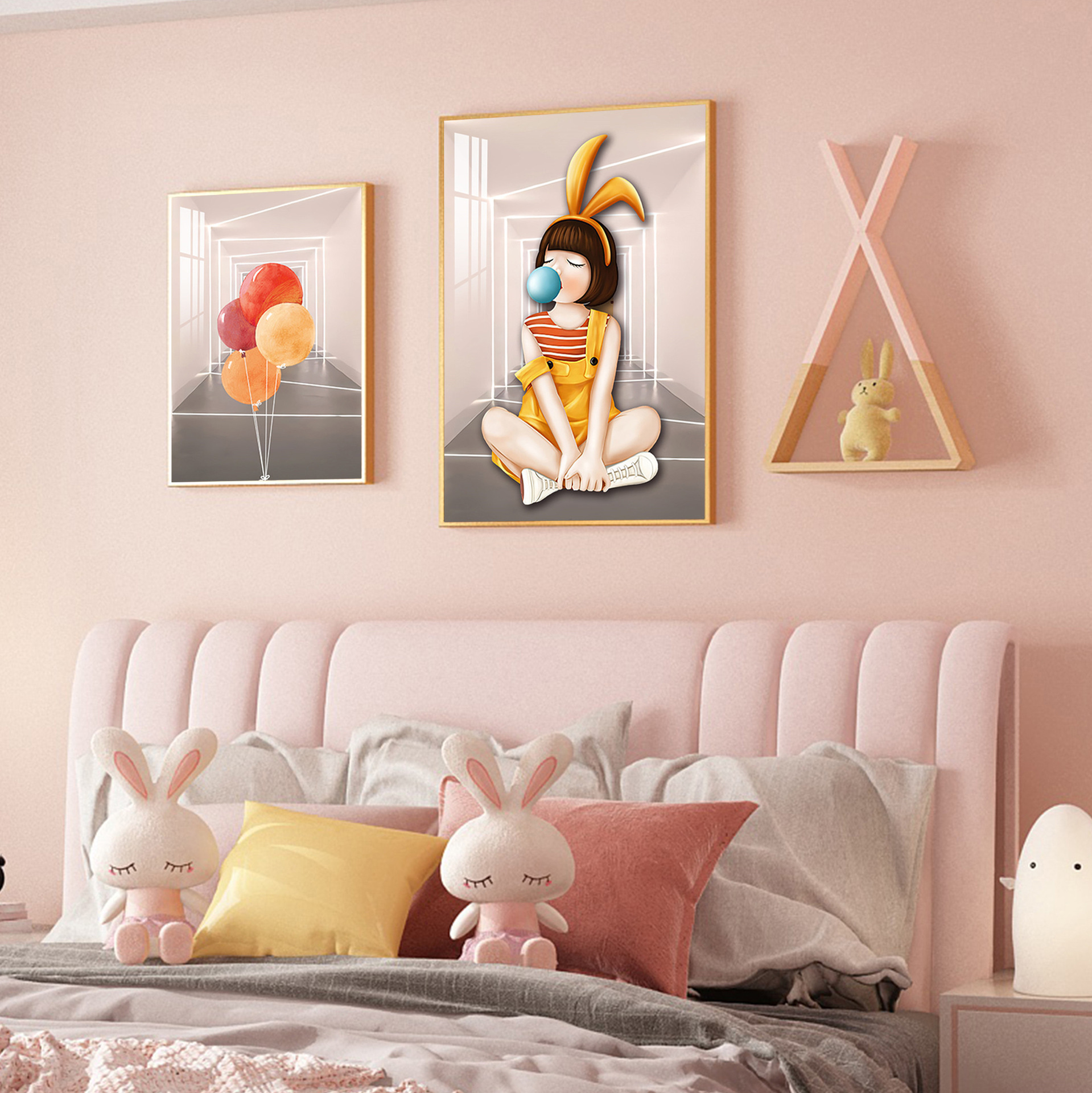 现代简约儿童房装饰画卧室床头挂画卡通动物男孩女孩房间背景壁画