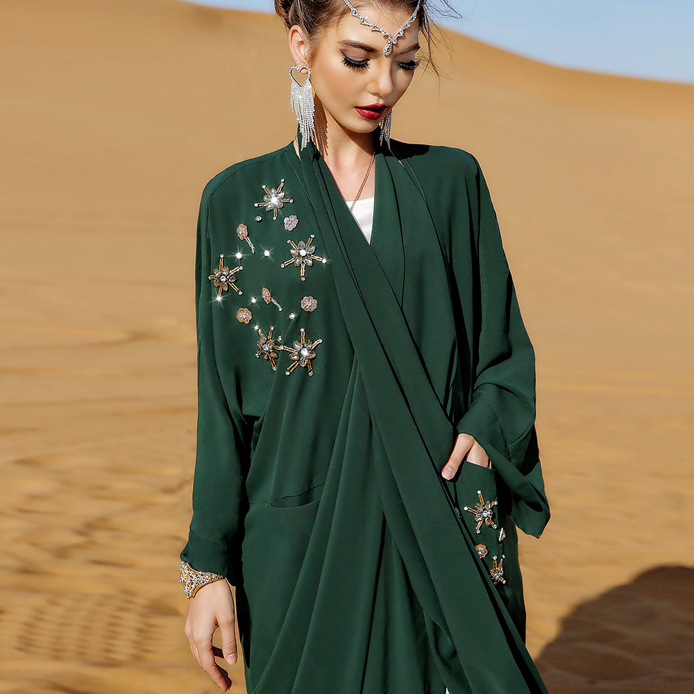ba7019 墨绿色手工钉珠阿拉伯罩袍 中东女装 穆斯林 长款外搭