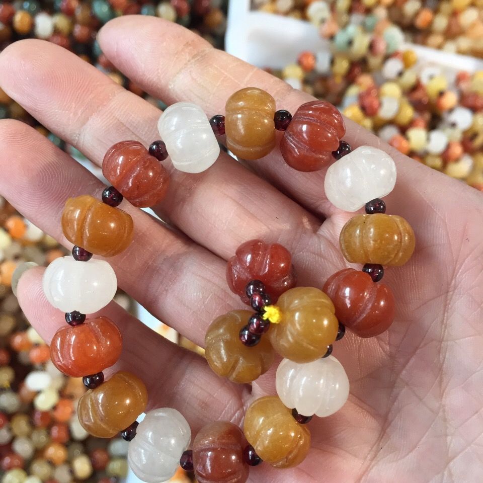 新疆和田玉金丝玉宝石光冰种彩玉手链手串女南瓜珠手链男女款礼物
