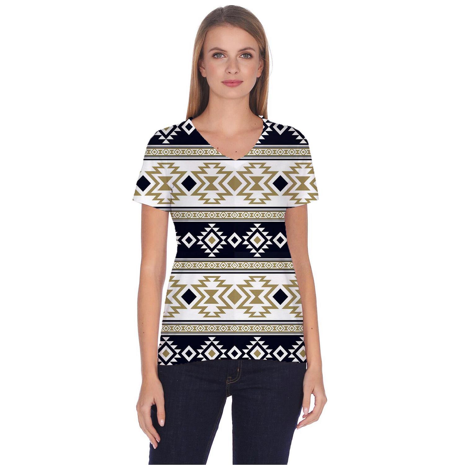 跨境新款简约波西米亚风格对称方块图案t恤3d女装v领短袖宽松外贸