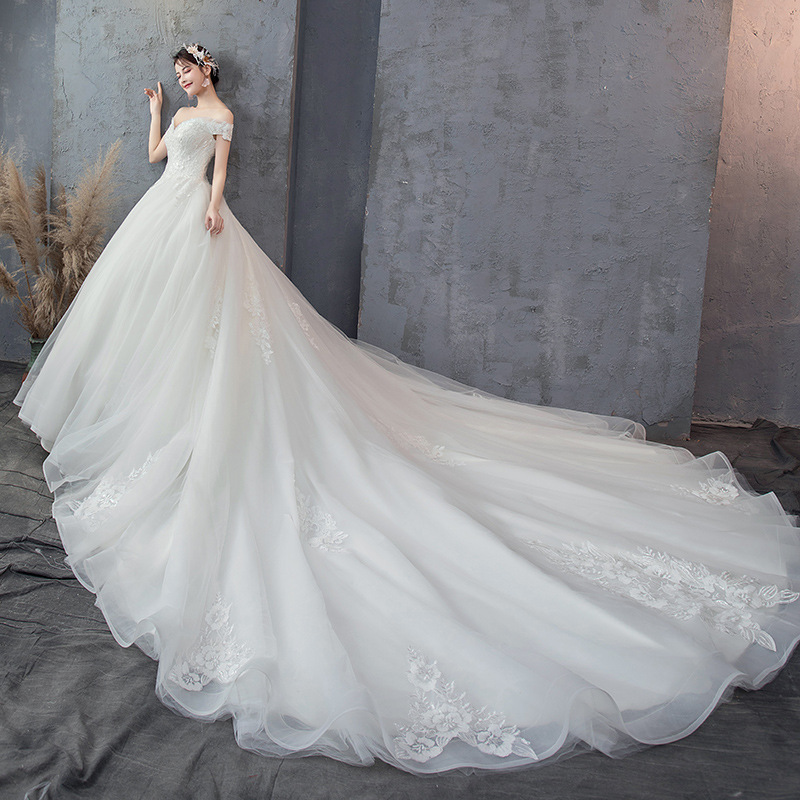 法式婚纱2019新款一字肩新娘森系轻女新娘抖音公主孕妇梦幻奢华拖