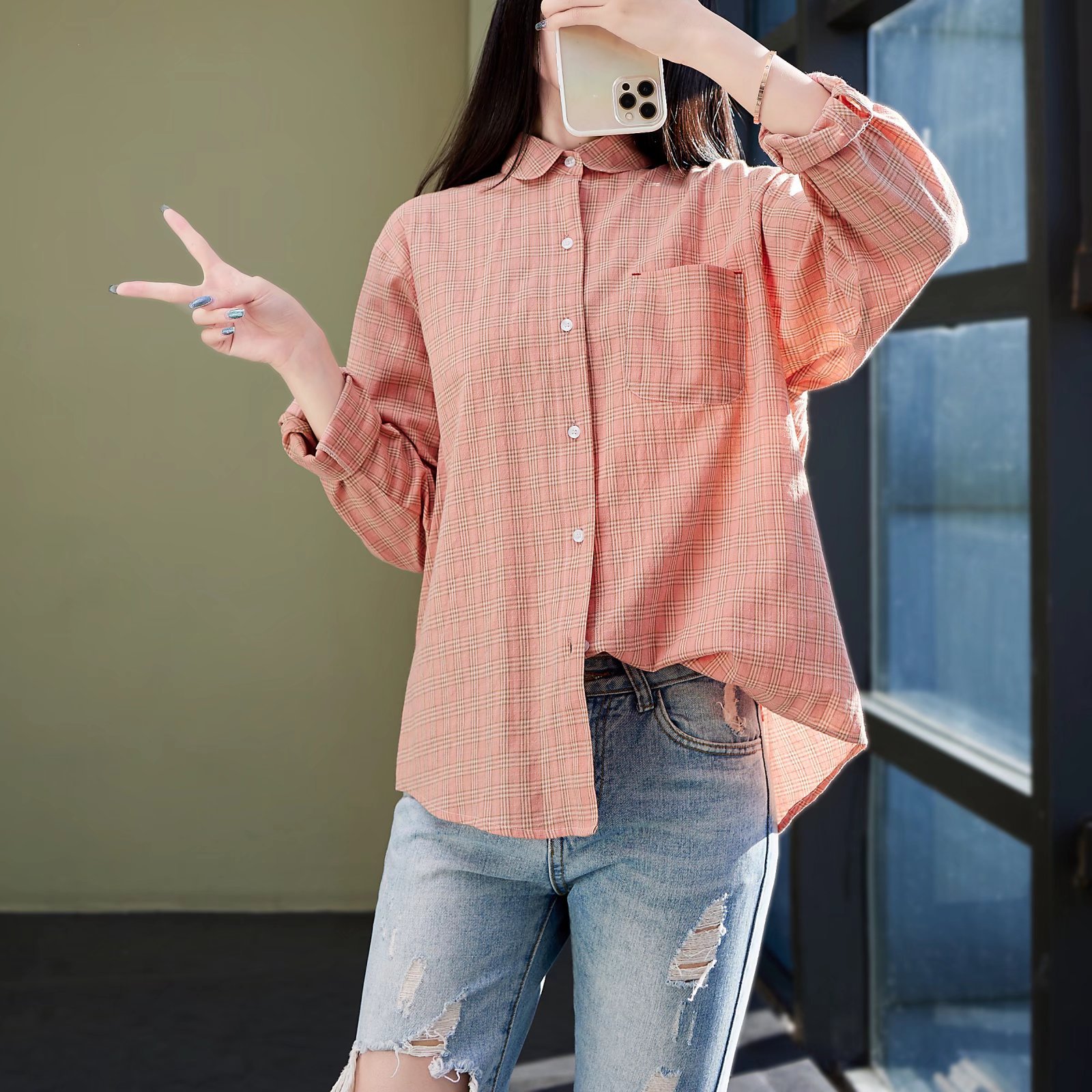 0成交30件棉麻小镇春秋新款女装长袖打底百搭经典款格子衬衣女单排扣