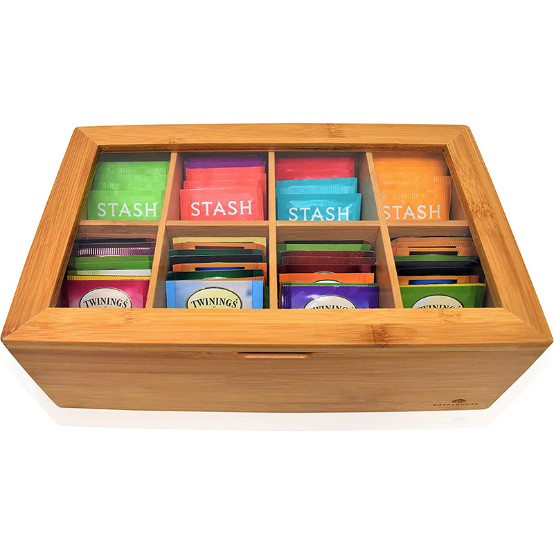 Tea Compartment Packaging Wooden Box Household Transparent Glass Tea Bag Storage Box Tea Wooden Packing Box Wooden Present Box