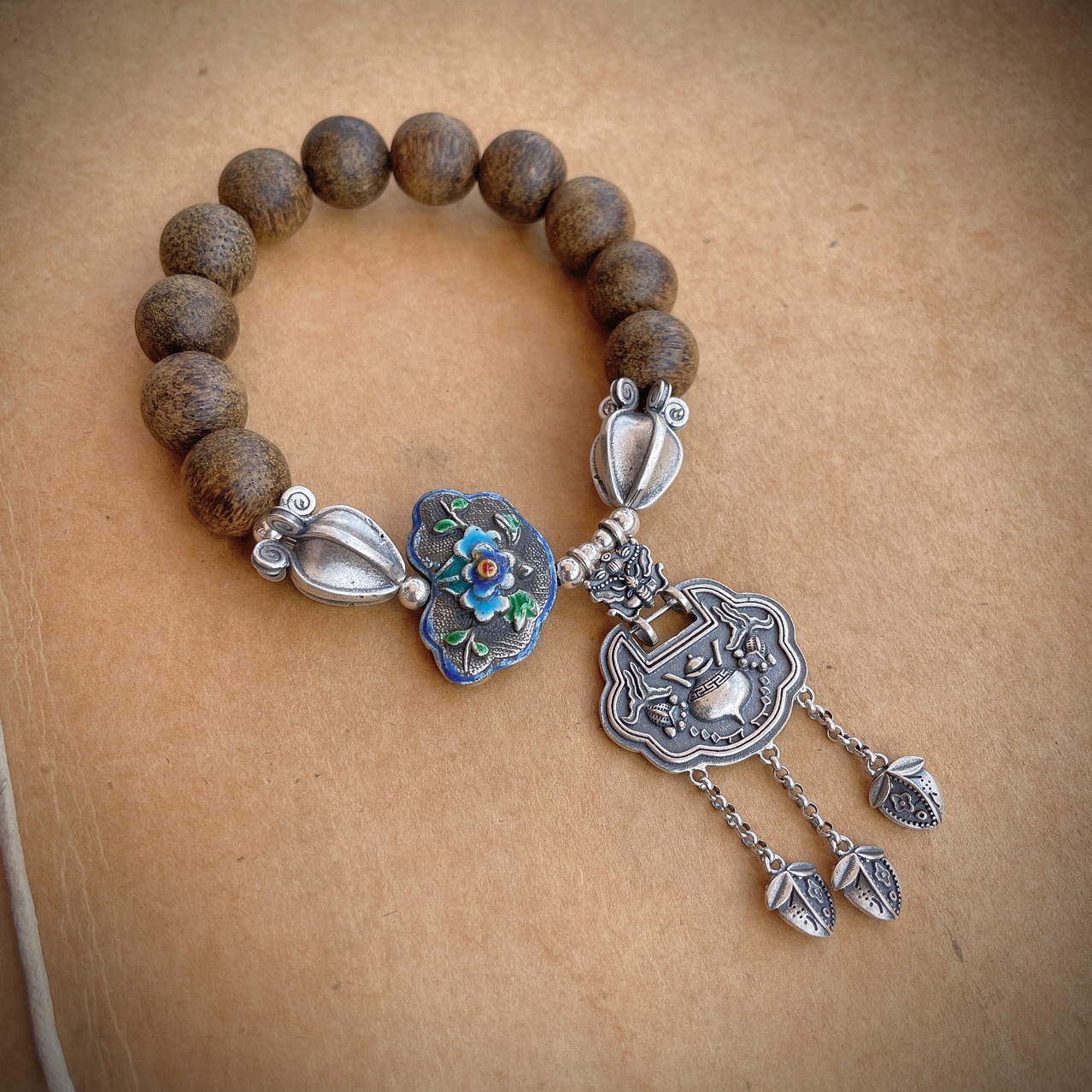 原创12mm沉香圆珠纯银流苏手串 复古国风老工艺银如意手链 个性