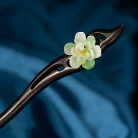 严选典雅挽月玉花卉檀木簪子 国风手工汉服发饰淑女盘发檀木发簪